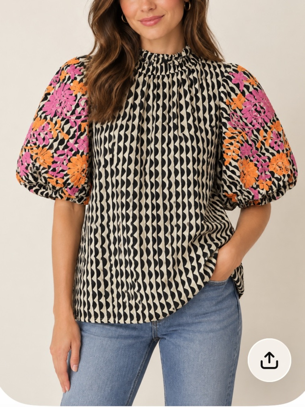 THML Embroidered Puff Sleeve Mock Neck Geometric Pattern Blouse Size XS
